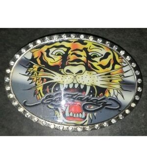 Ed Hardy Roaring Tiger Head Rhinestone Jewel BELT BUCKLE 4" Wide Fits 1.5" Belt